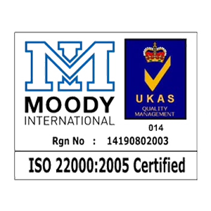 ISO 22000 food safety management certified by Moody International, registration 14190802003